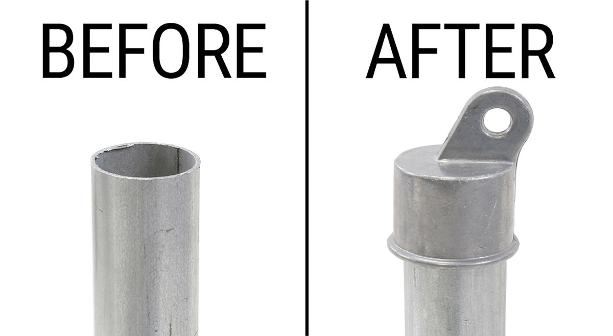 1 5/8" Aluminum Rail End Cup Before and After Installation